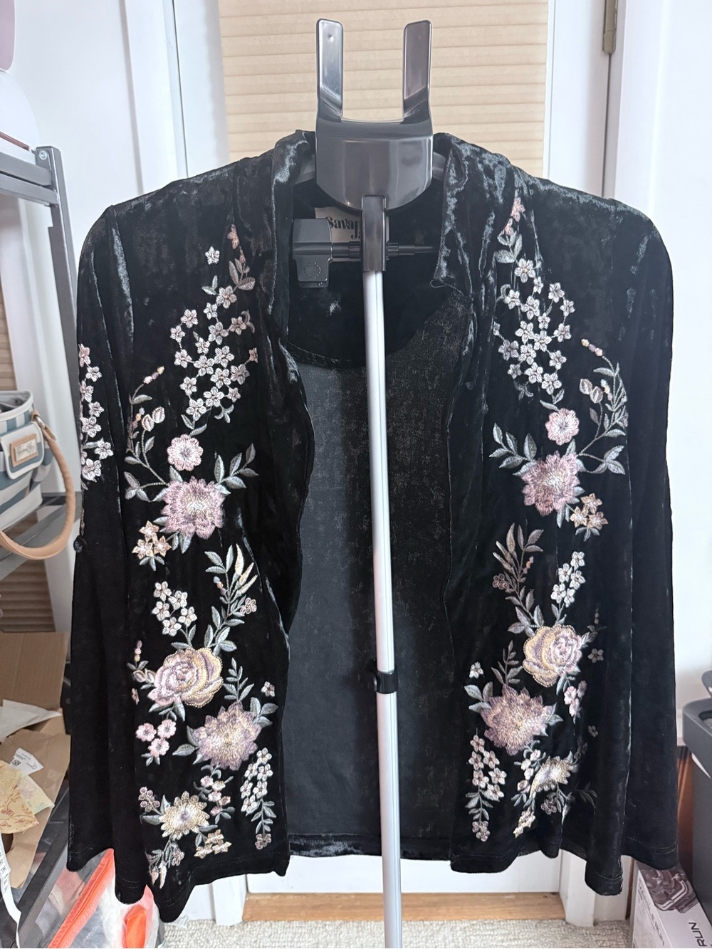 Savanna Jane embroidered floral open-front crushed velvet jacket Whimsigoth S